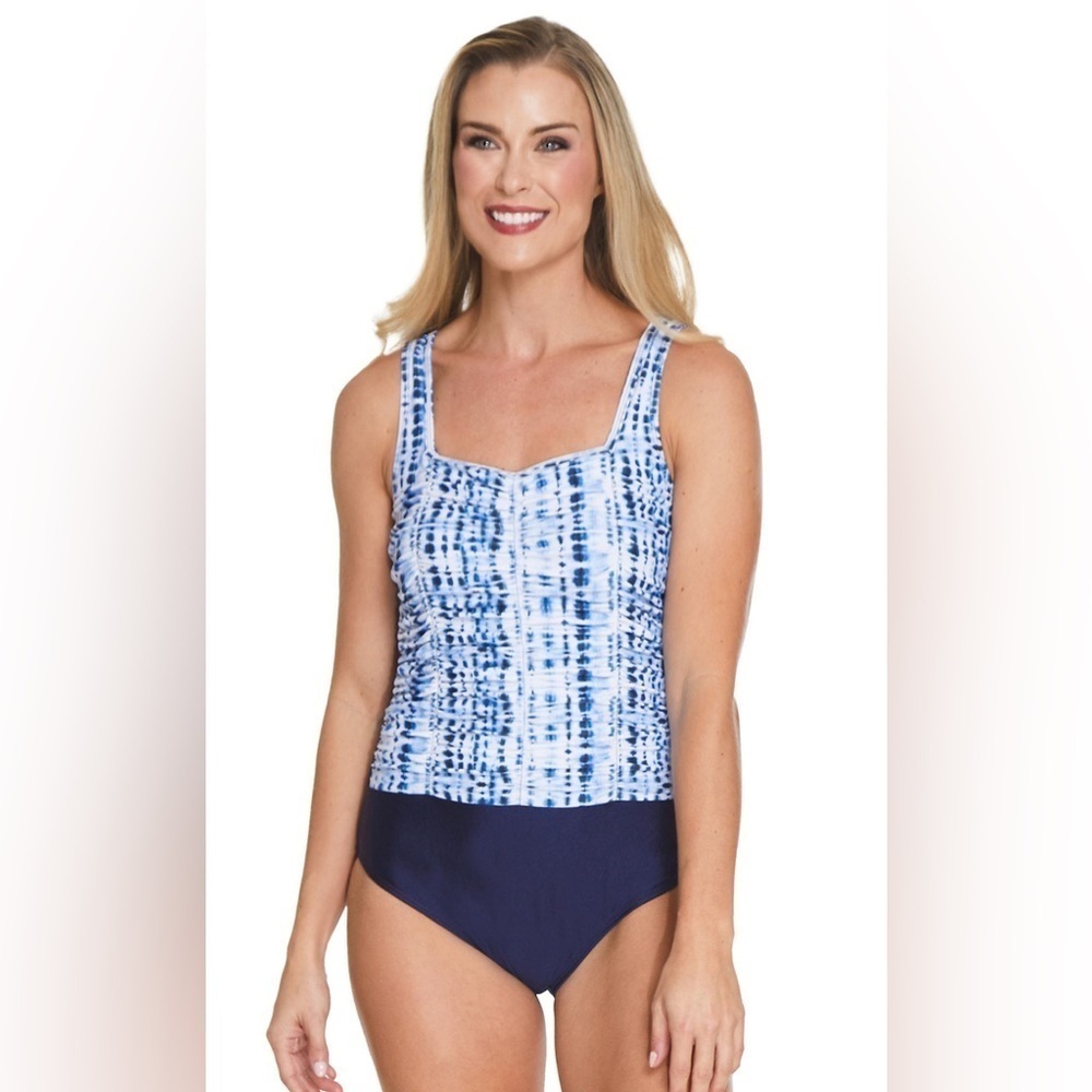 Nine West Shirred Navy Patterned One-Piece Swimsuit. Size S adjustable strap NWT